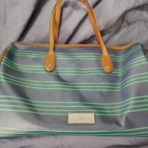 Polo by Ralph Lauren Navy and Green Striped Tote with Tan Trim